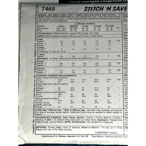 McCalls 7469 Sewing pattern unisex toop vest pants shorts size S M L - Picture 4 of 5